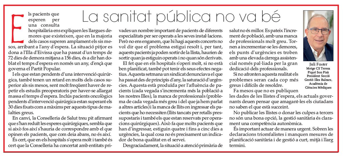 saludediciones's tweet photo. 🖊️ @JuliFuster: La sanitat pública no va bé / Els pacients que esperen per una consulta hospitalària ens expliquen les llargues demores que existeixen, que en la majoria dels casos superen amplament els sis mesos, arribant...
https://t.co/CJrlBP5JlK
@carloshern79 @DonJuanMiguel4 https://t.co/DmqlXgv7Xp