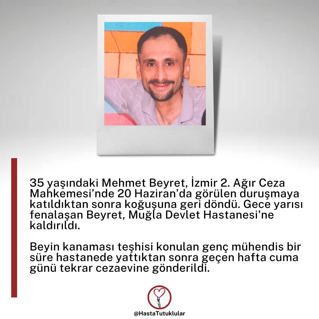 EniseAsik's tweet photo. 35 Yaşındaki Mehmet Beyret 
Beyin kanaması teşhisi ile hastaneye kaldırılıyor ve hasta halinde tekrar hapishaneye gönderiliyor. İdam kararı gibi değil mi bu kararlar. Ne istiyorsunuz bu insanlardan
@ADLITIPKURUMU
@adalet_bakanlik
#YASAYIGERİÇEK
MehmetBeyrete AcilTahliye https://t.co/RIqYzHJTsn