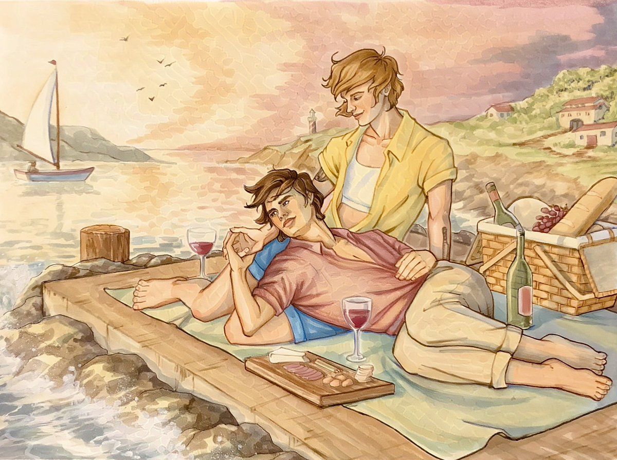 Last year, Casey McQuiston commissioned me to paint a watercolor piece for their upcoming novel, THE PAIRING, and I can finally share it!🍷🧀💕