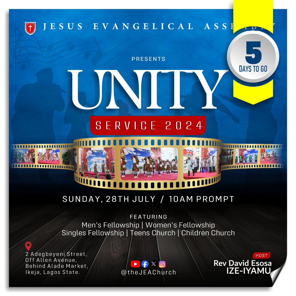 theJEAChurch's tweet image. Join us on the 28th of July 2024 by 10AM

Venue is the Church auditorium, 2 Adegbeyeni Street Off Allen Avenue Ikeja Lagos

We can't wait to have you join us.

#JEAChurch
#UnityService2024
#MyYearOfFulfilledExpectations