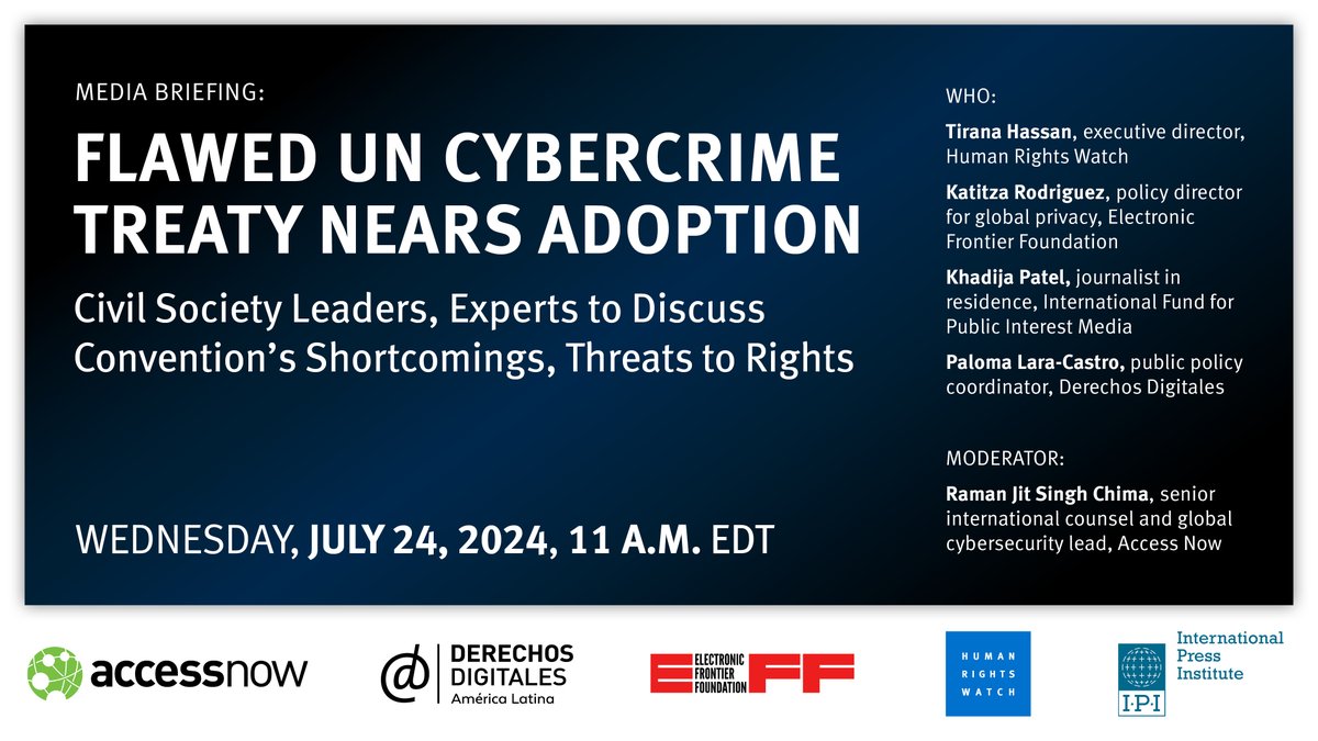 deblebrown's tweet photo. Time is running out. The flawed UN Cybercrime treaty is on the brink of adoption. Hear from civil society leaders and experts, incl @hrw's @TiranaHassan @txitua @khadijapatel @palomalacastro @tame_wildcard on what's at stake for human rights.

Details👇
https://t.co/TDLEQgsTNI https://t.co/5tWISEApTj