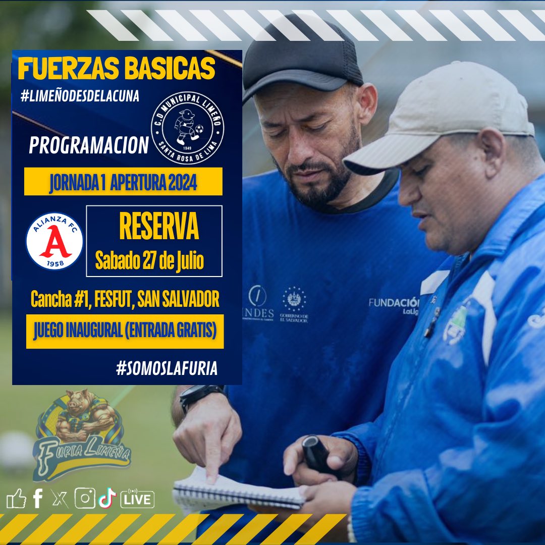 FuriaLimena's tweet photo. 🐷 Nuestras categorías inferiores y en especial la Reserva iniciará esta nueva aventura en el torneo Apertura 24/25 con la dirección técnica de hombres de nuestra casa comandados José Romero

🆚 Alianza F.C 🐘
📅 Sábado 27 de Julio
🕣 2:00 P.M
🏟 Cancha de la Federación de Fútbol https://t.co/LlyM1aiWda