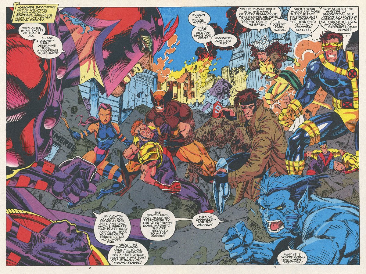 Stunning, highly-detailed, 2-page Jim Lee spread of the X-Men facing off against the Master of Magnetism in X-Men Issue 2. I love this stuff!!!
Release Date: September 17, 1991; Cover Date: November 1991
#JimLee #XMen #XMen2 #XMen1991 #Magneto #Wolverine #Psylocke #Gambit #Rogue