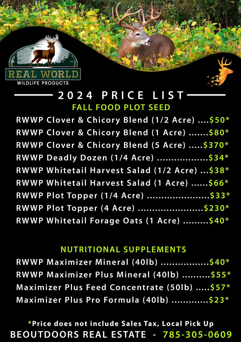 BEOUTDOORScom's tweet image. Don’t wait to order your fall seed, mineral and feed! We are taking orders now until August 10. Call Ryan at 785-305-0609.
#FoodPlots #realworldwildlifeproducts
