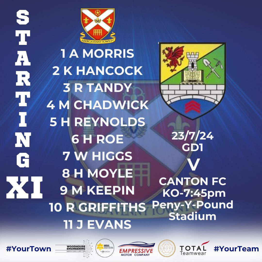 AbergavennyTFC's tweet photo. 🔹🔹GD1 LINE UP🔹🔹

Tonight’s line up to face @CantonFballClub in our first match of the 2024/25 Ardal South East League Season.

📆 23-7-24
🏟️ Pen-Y-Pound Stadium
⏱️ KO 7:45pm

#newseason #ardalsoutheast 
#yourtown #yourclub
#atfc #gameday1
#football #utt
#talkofthetown 
#heartofthecommunity 

Empressive Motor Company
The Grove Skin & Laser Clinic
Woodhouse Engineering Services Ltd
Total Teamwear
Pen-Y-Pound Clubhouse