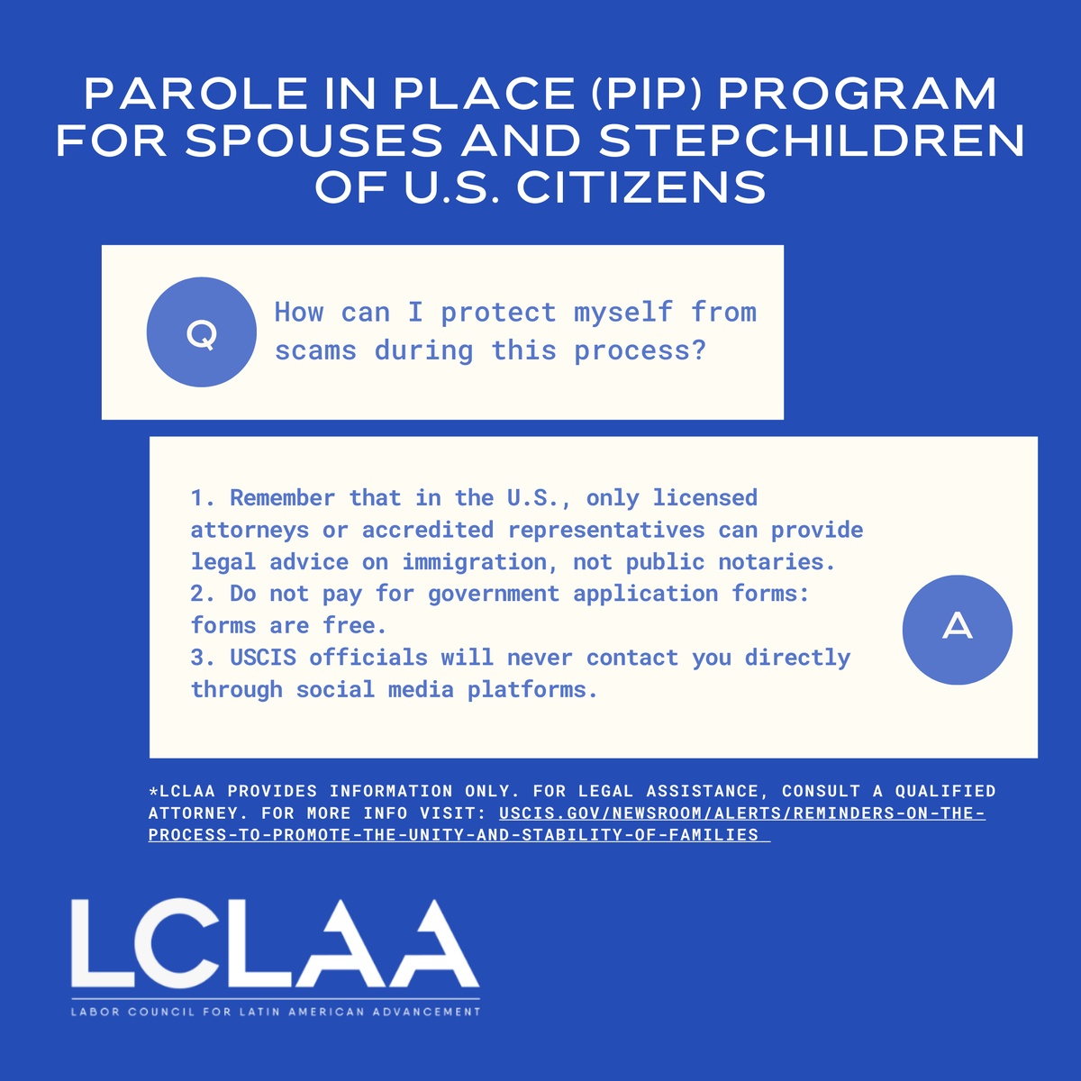 LCLAA's tweet photo. 📣 Protect yourself from being a victim of scammers when submitting your application for the Parole in Place Program. More details: 
...
📣 Evita ser víctima de estafa a la hora de presentar tu solicitud para el Programa de Permiso de Permanencia Temporal:
#paroleinplaceprogram https://t.co/nPBBMEitNE