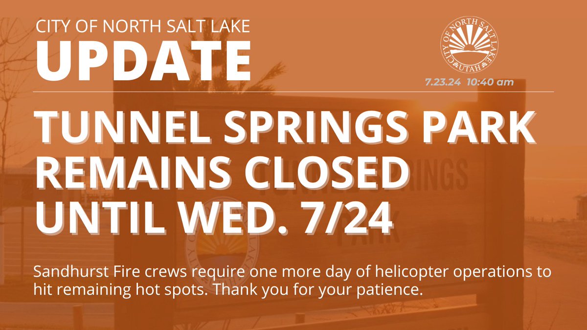 NSL Update: 7/23/24 - #SandhurstFire crews will be using Tunnel Springs Park one more day while helicopters hit remaining hot spots. The park is expected to be open tomorrow, 7/24/24.
Thank you.