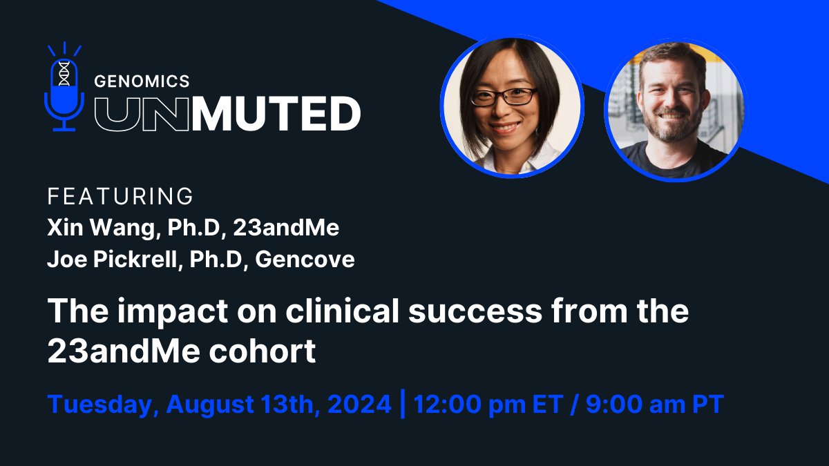 Gencove (@gencove) on Twitter photo Webinar: 90% of therapeutic programs in clinical trials fail. Join us Tues Aug 13 at 12pm ET to hear from Xin Wang, Ph.D. from <a href="/23andMe/">23andMe</a> as she shares recent work on how the scale of genetic data and improved methods impact clinical success. Register here: bit.ly/3zWGI9y Webinar: 90% of therapeutic programs in clinical trials fail. Join us Tues Aug 13 at 12pm ET to hear from Xin Wang, Ph.D. from <a href="/23andMe/">23andMe</a> as she shares recent work on how the scale of genetic data and improved methods impact clinical success. Register here: bit.ly/3zWGI9y