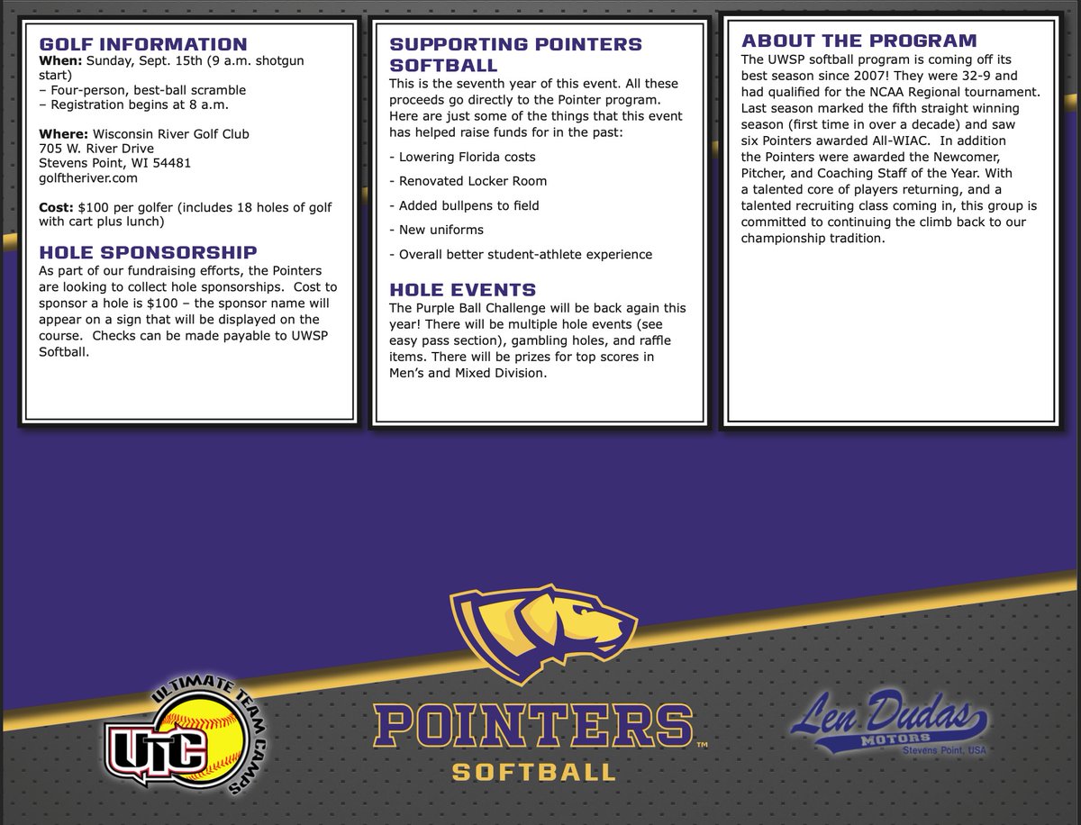 UWSP Softball (@uwsp_softball) on Twitter photo Calling all Pointers! The 7th Annual Pointers Softball Golf Outing is set and ready to go! Register with the information below or visit our website:
athletics.uwsp.edu/documents/2024…
We can't wait to see you out there!
#PointerFamily #DawgsUP Calling all Pointers! The 7th Annual Pointers Softball Golf Outing is set and ready to go! Register with the information below or visit our website:
athletics.uwsp.edu/documents/2024…
We can't wait to see you out there!
#PointerFamily #DawgsUP