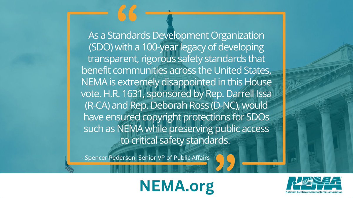 NEMA Senior Vice President of Public Affairs Spencer Pederson issued the following statement after the House failed to advance the bipartisan #ProCodesAct: ow.ly/JlRg50SIyww