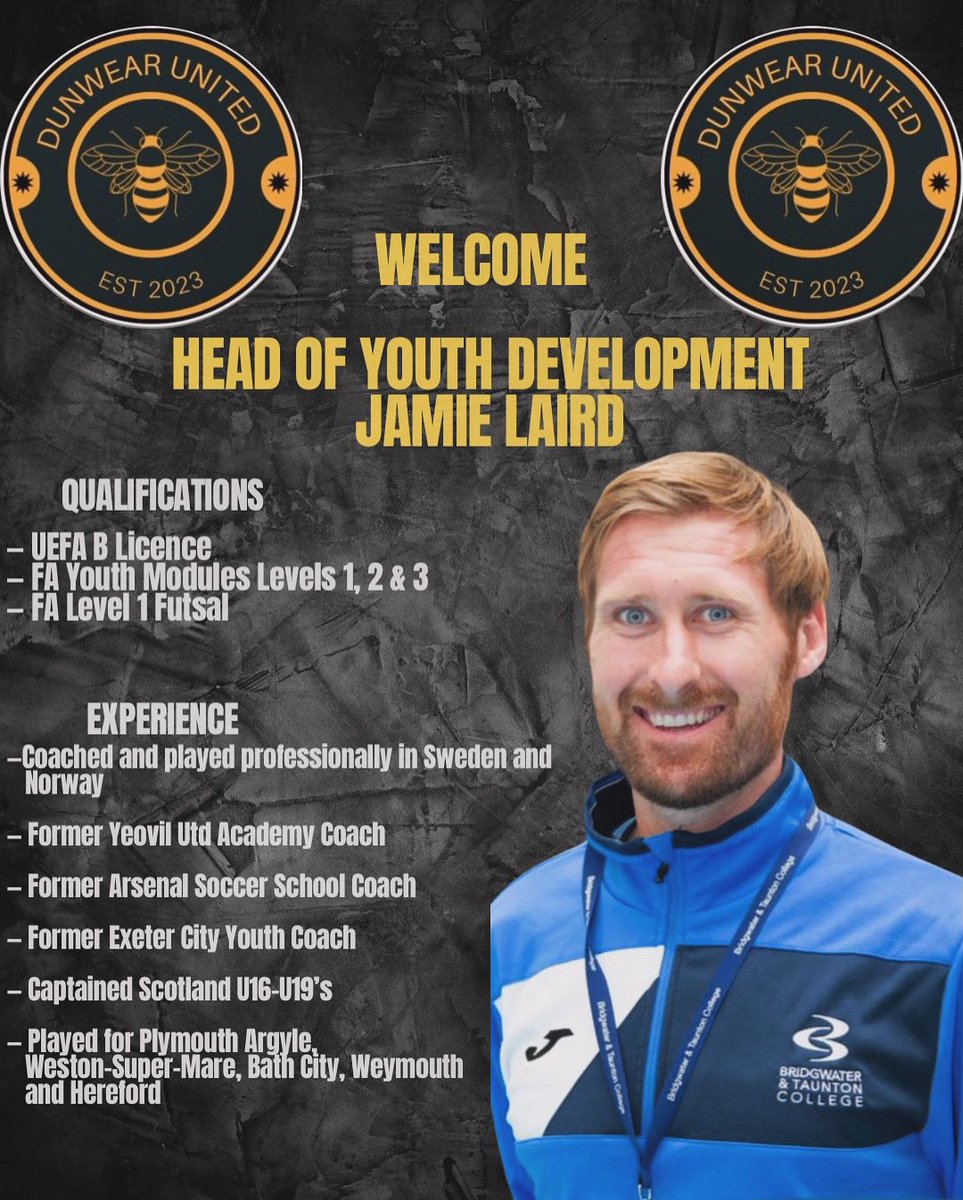dunwearutd's tweet photo. We are proud to Welcome @JamieLaird05 to our club. Jamie joins us as our Head of Youth Development. Jamie will be initially responsible for our Under 6 &amp; Under 7’s team next season, with a scope to grow the clubs Youth’s system for years to come.

🐝Welcome Jamie🐝 https://t.co/9SsCm3mKm5
