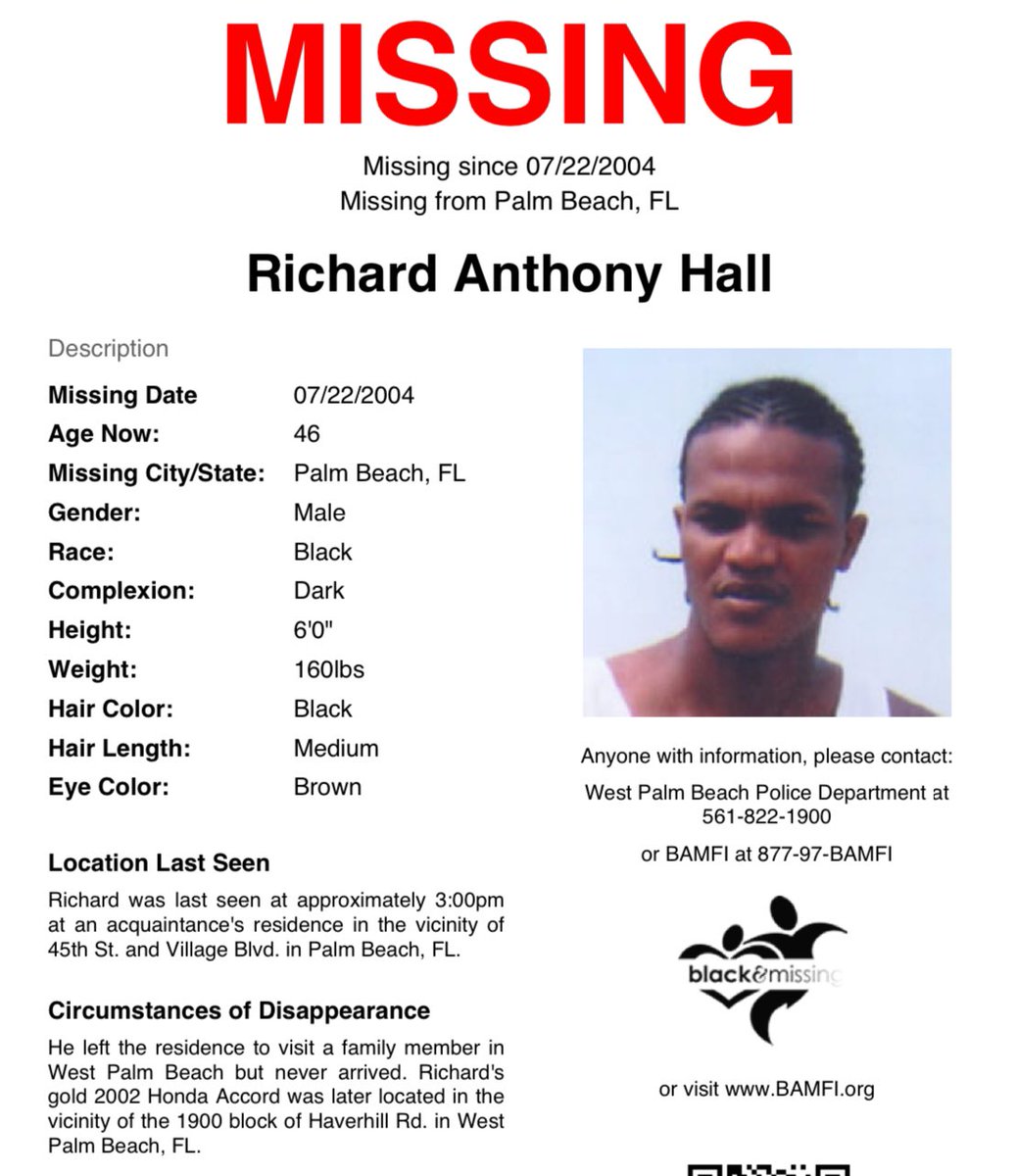 BAM_FI's tweet photo. Yesterday marked the 20th anniversary of then 26y/o #RichardHall’s disappearance. He was last seen at around 3pm at an acquaintance’s residence in the vicinity of 45th St & Village Blvd in #PalmBeach, #FL on July 22, 2004. He left the residence to visit a family member in https://t.co/smzSO09C1F