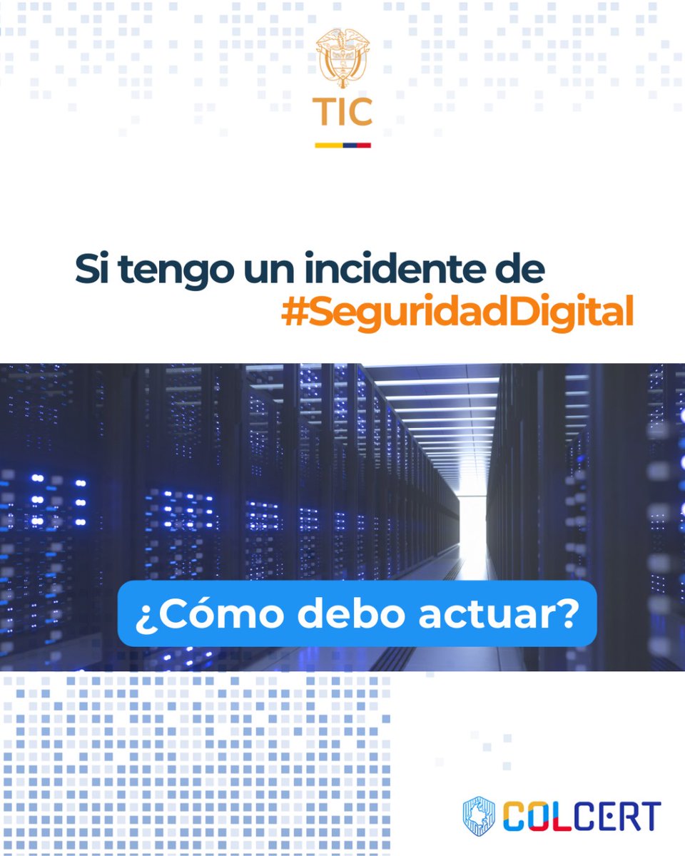 Ante un incidente de #SeguridadDigital ¿Cómo debo actuar? Reporta al #colCERT de manera inmediata clasificando el impacto alto o crítico.🔐Consulta el paso a paso en la siguiente infografía ➡ colcert.gov.co/800/w3-article…
#MásResilientes #MinTIC #MásPreparados