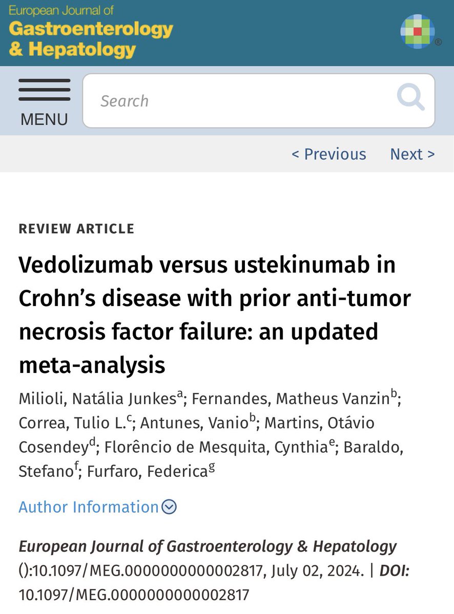 Tulio Correa, MD (@tuliocorrea) on Twitter photo New pub alert! 💩
👉🏼 In patients with Crohn’s with prior anti-TNF failure, ustekinumab showed higher SFR and lower rates of treatment discontinuation than vedolizumab.
doi.org/10.1097/MEG.00…
<a href="/milioli_nj/">Natália Junkes Milioli</a> <a href="/vanzin_mf/">Matheus Vanzin Fernandes, MD MSc</a> <a href="/VanioAntunes/">Vanio Antunes</a> <a href="/OtavioCMartins/">Otavio C. Martins</a> <a href="/CynthiaFM_/">Cynthia Florêncio de Mesquita</a> <a href="/stefanobps/">Stefano Baraldo</a> New pub alert! 💩
👉🏼 In patients with Crohn’s with prior anti-TNF failure, ustekinumab showed higher SFR and lower rates of treatment discontinuation than vedolizumab.
doi.org/10.1097/MEG.00…
<a href="/milioli_nj/">Natália Junkes Milioli</a> <a href="/vanzin_mf/">Matheus Vanzin Fernandes, MD MSc</a> <a href="/VanioAntunes/">Vanio Antunes</a> <a href="/OtavioCMartins/">Otavio C. Martins</a> <a href="/CynthiaFM_/">Cynthia Florêncio de Mesquita</a> <a href="/stefanobps/">Stefano Baraldo</a>