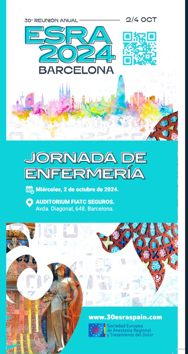 ACIARTD (@aciartd) on Twitter photo 🗓️Save the date👇🏻👇🏻
Jornada de Enfermeria ESRA-España 2024 
2️⃣ Octubre 2️⃣0️⃣2️⃣4️⃣
📍Auditorium FIACT de Barcelona.
No et perdis aquesta oportunitat única!Inscriu-te a les jornades i aprofita per actualitzar els teus coneixements en Anestèsia Regional i Teràpia del Dolor. 🗓️Save the date👇🏻👇🏻
Jornada de Enfermeria ESRA-España 2024 
2️⃣ Octubre 2️⃣0️⃣2️⃣4️⃣
📍Auditorium FIACT de Barcelona.
No et perdis aquesta oportunitat única!Inscriu-te a les jornades i aprofita per actualitzar els teus coneixements en Anestèsia Regional i Teràpia del Dolor.