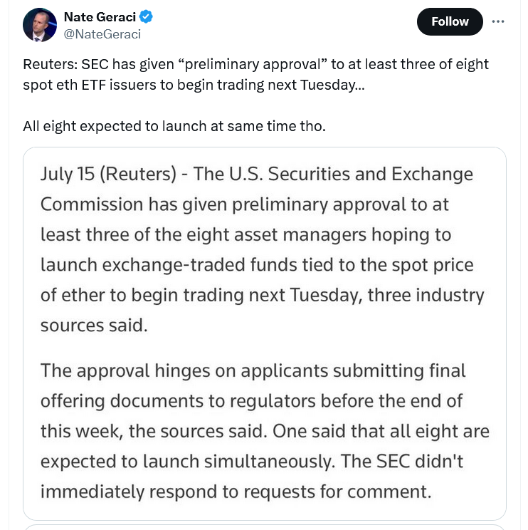 bitlocus's tweet photo. Ether ETFs are going to the moon?

After this recent SEC ‘preliminary approval’ ETH is up 2.35% the past few days If approved, these spot Ether ETFs could attract up to $15 billion in inflows in their first 18 months, similar to the early success of spot Bitcoin ETFs

Good time to #HODL ?