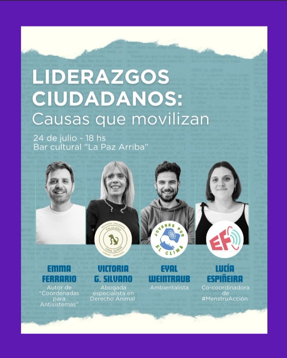 Te invitamos a participar de esta charla "Liderazgos ciudadanos: Causas que movilizan" 

📅 Este miércoles 24 de julio a las 18hs.

📌 Av. Callao 1082 Bar Cultural "La Paz Arriba"

Los esperamos!!