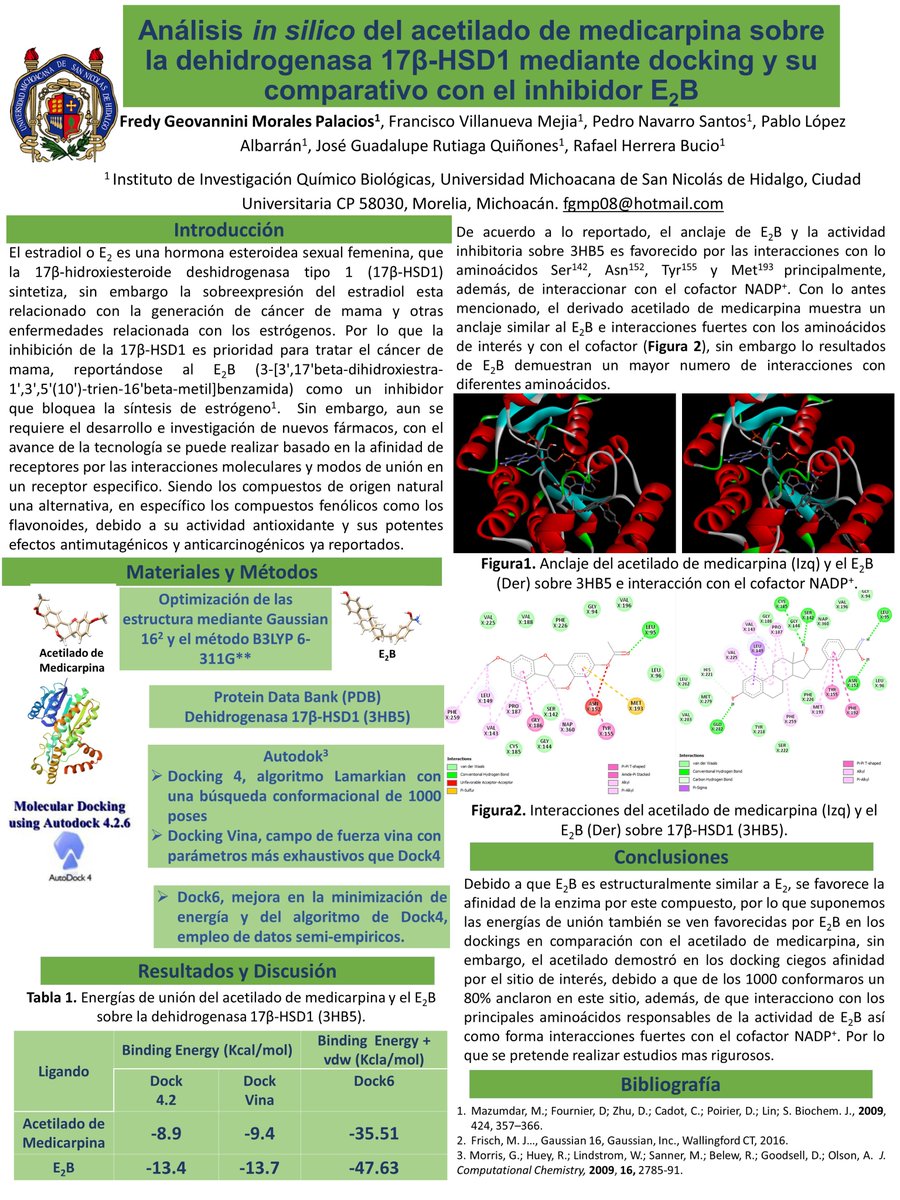 geovannini_m's tweet photo. Hola
@LatEnvChemPSE
, #LatinEnvChemPSE este es mi cartel titulado "Análisis in silico del acetilado de medicarpina sobre la dehidrogenasa 17β-HSD1 mediante docking y su comparativo con el inhibidor E2B", #PSEModSimulatControl, #Simulation, #Cancer, #NaturalProducts, #Flavonoides https://t.co/Sms6itQXp1