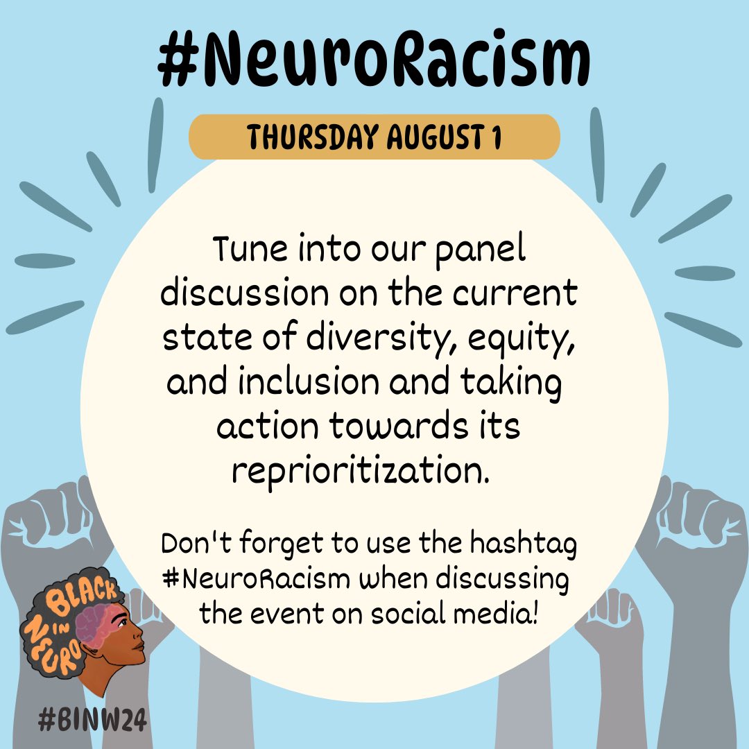 On Thursday August 1 we will be back with one of our most popular days of #BINW24. 🧠

NeuroRacism is all about the ways in which racism within our society can be perpetuated through neuroscience. This year we build on this premise with a panel discussion. ✊🏾✨

🧵(1/2)