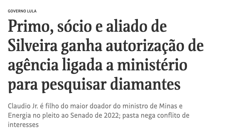 TI_InterBr's tweet photo. Lembrando que o governo Lula impôs sigilo de 100 anos sobre a declaração de conflito de interesses do ministro Silveira. 👇

Talvez nem os nossos netos saberão se (e como) o ministro reportou sua sociedade com o primo minerador.

🔗 https://t.co/OIWbmv1YAA https://t.co/2KymVTmiqy