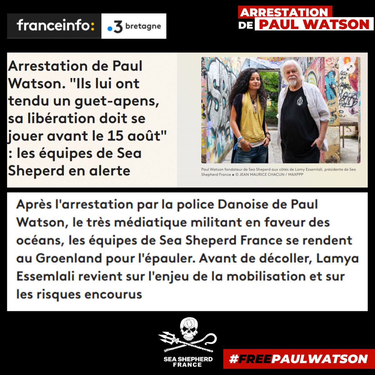 Interview de <a href="/LamyaEssemlali/">Lamya Essemlali</a> Présidente de Sea Shepherd France qui revient sur l'enjeu de la mobilisation citoyenne et les risques encourus par Paul Watson avant de décoller pour le Groenland 

Article disponible en intégralité ici : 

france3-regions.francetvinfo.fr/bretagne/ille-…

#freepaulwatson