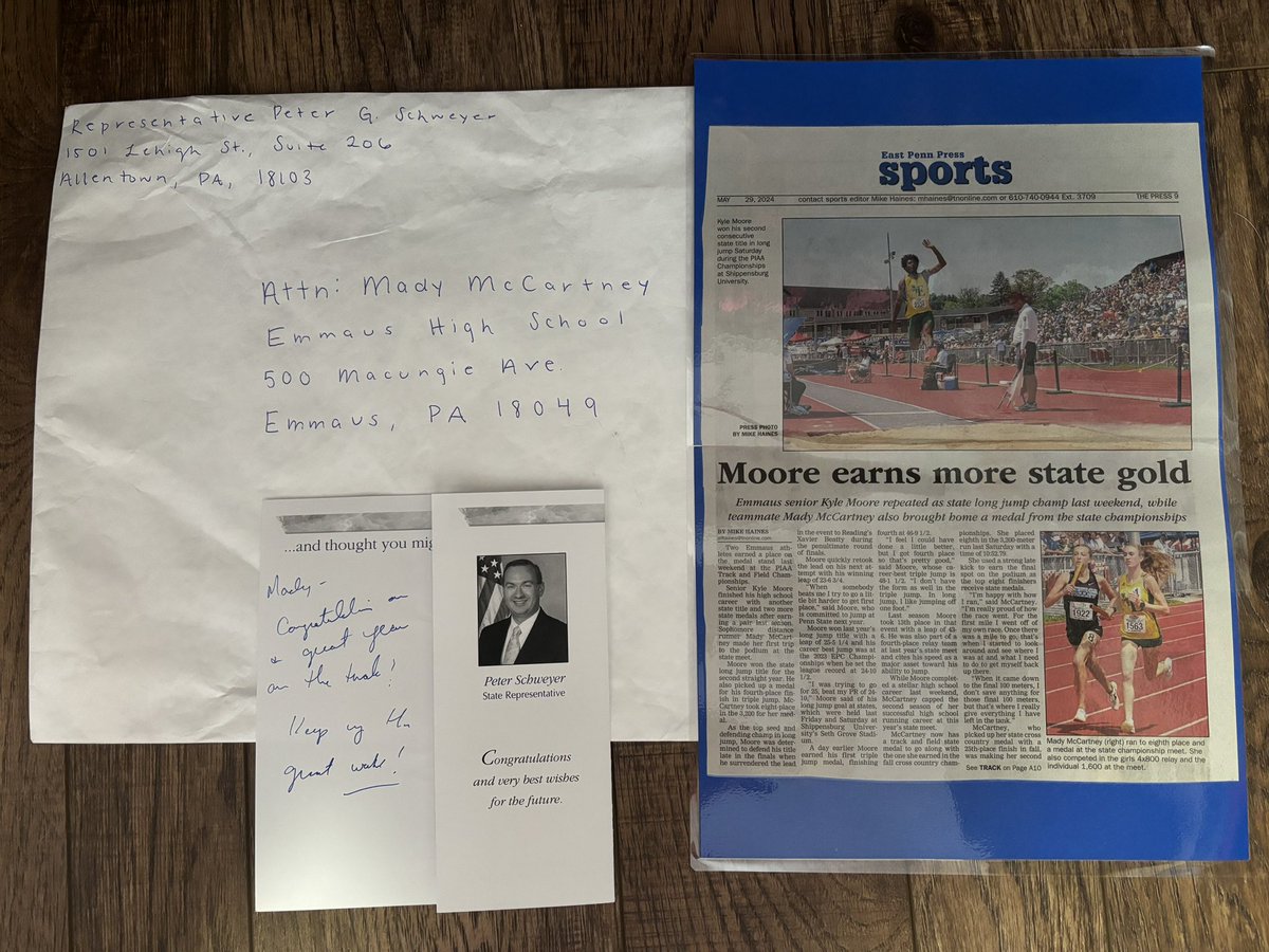 mady_mccartney's tweet photo. I received a surprise package at school this morning. Thank you very much @RepSchweyer . I appreciate your support very much. Go Hornets! @EmmausXCTF https://t.co/WD3cMpjOYW