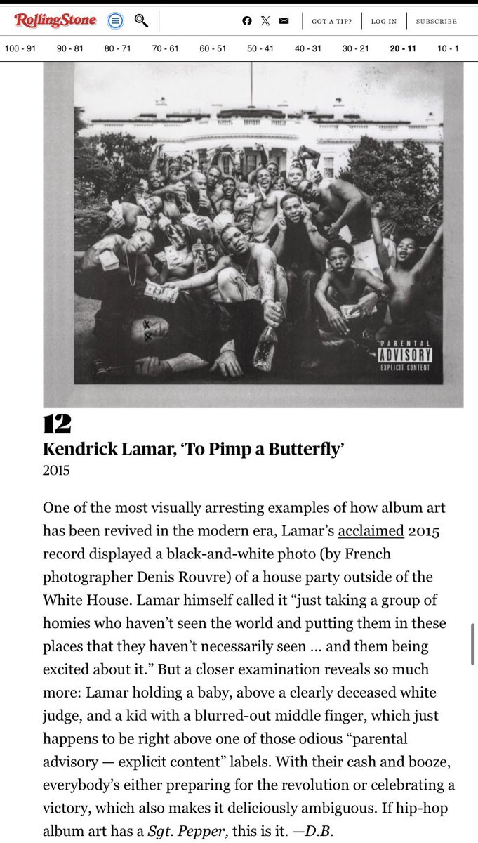 KendrickChart's tweet photo. Rolling Stone names the cover of “To Pimp A Butterfly” by Kendrick Lamar as the BEST album cover of the 21st century. https://t.co/0FadWpjsbH