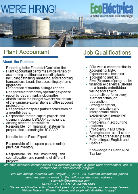 Apply now-Plant Accountant

We will accept resumes until August 2, 2024. All qualified candidates please send resume by email to the following electronic address: resume.hr@ecoelectrica.com

Subject: PLANT ACCOUNTANT

#resume #jobs #hiring #humanresources