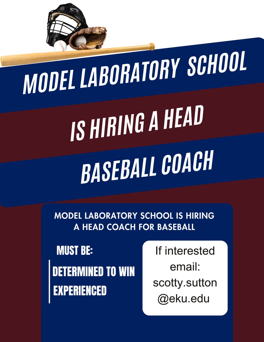 Know someone who wants to coach baseball? Model Laboratory Schools is hiring a Head Baseball Coach! If you or someone you know would like to apply, reach out to Athletic Director- Scotty Sutton!