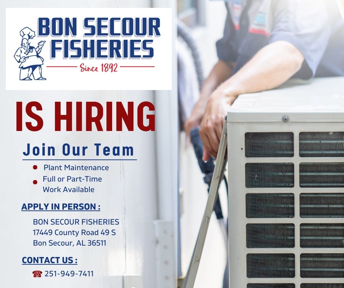 BonSecourFish's tweet photo. Bon Secour Fisheries is looking for an experienced maintenance worker. Full or part-time work is available. Apply in person at 17449 County Road 49 S., Bon Secour, AL 36511. Open Monday - Friday 8:00 am until 4:00 pm.

#nowhiringinbaldwincounty
#nowhiring
#hiringnow https://t.co/YYO0Szby0k