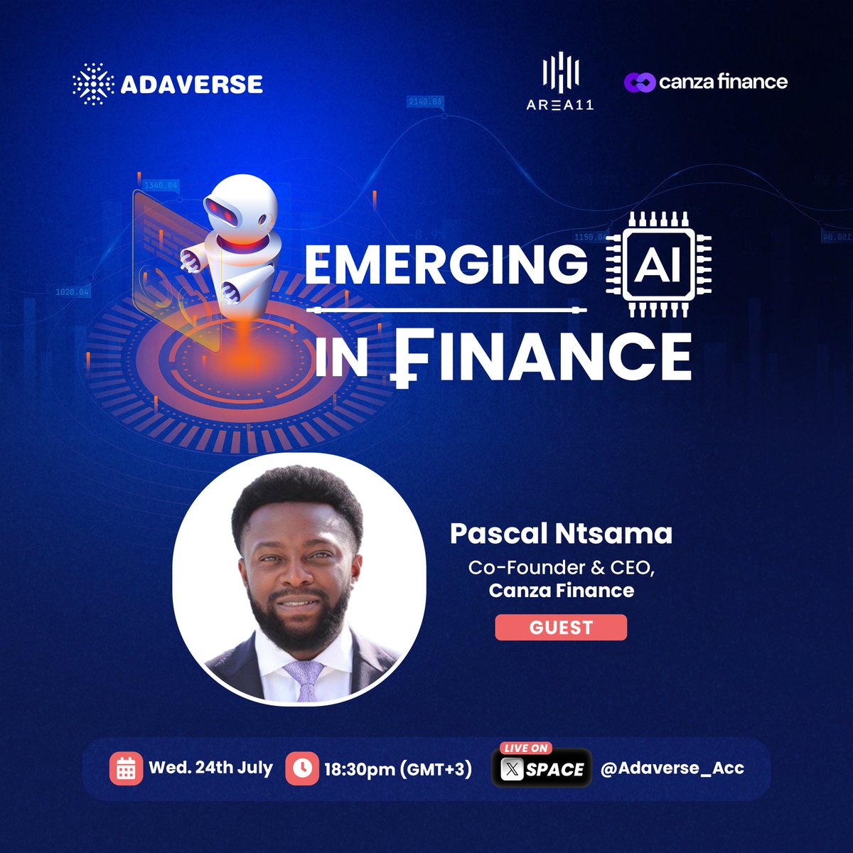 🚀Tomorrow, Pascal Ntsama IV, CEO of <a href="/Canza_Finance/">Canza Finance</a>, will take the mic as a guest speaker in the key discuss on "Emerging AI in Finance. 

📅 Date: Wed, 24th July
🕡 Time: 6:30 PM (GMT+3)
📍 Platform: Tune in on X Spaces
🔗 x.com/i/spaces/1ynKO…

<a href="/PascalNtsama/">237_Cipherer</a>, born in Cameroon