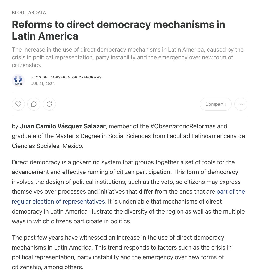 ReformasLATAM's tweet photo. ✍️📃| The first posts are already available on the Blog #LABdata:

🟢Reforms to direct democracy mechanisms in Latin America by @juancvasquezcp.

👉https://t.co/V6BbMCU6ax
⬇️ https://t.co/AwF2W4JaJW