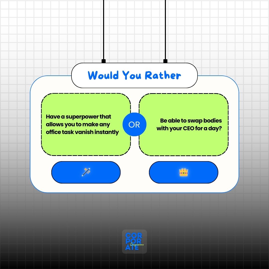 CC_unfilter's tweet image. Choose your emoji and comment on your ultimate work fantasy!

#CorporateConfessions #OfficeSuperpower #BodySwapChallenge