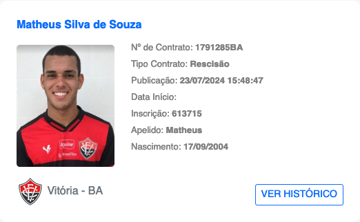 bidDoVitoria's tweet image. ✍️ Jogador publicado no BID: Matheus
  
📅 Publicado em: 23/07/2024 15:48:47

📝 Tipo de contrato: Rescisão

#Matheus #BID #ECVitoria