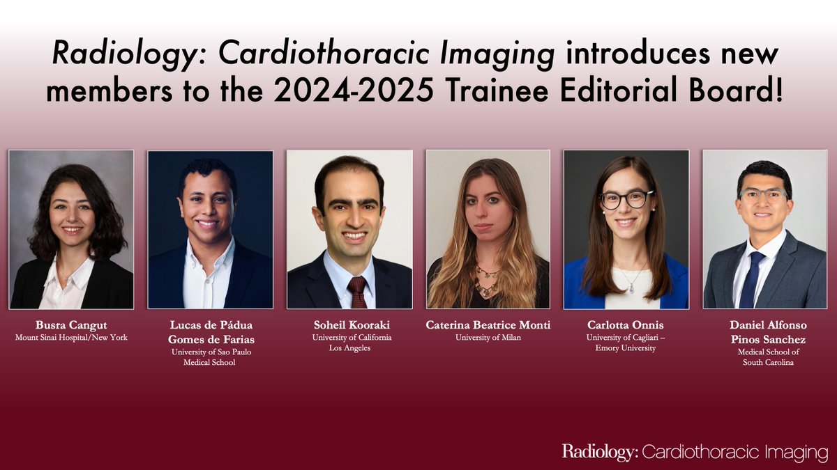 Kate Hanneman (@katehanneman) on Twitter photo Congratulations to the incoming cohort of <a href="/RadiologyCTI/">Radiology: Cardiothoracic Imaging</a> trainee editorial board members! Welcome to the #InTrainingRCTI team ☺️
<a href="/BusraCangutMD/">Busra Cangut, MD, MS</a> <a href="/lucasdpadua/">Lucas de Pádua, MD PhD</a> <a href="/SoheilKooraki/">Soheil Kooraki, MD</a> <a href="/CarlottaOnnis/">Carlotta Onnis</a> <a href="/DaniEriol/">Daniel P.</a> <a href="/DanielVargasMD/">Daniel Vargas, MD</a> <a href="/RituGill2014/">Ritu R Gill MD, MPH FACR</a> @bdallen6 <a href="/DiannaBardo/">Dianna Bardo</a> <a href="/SuhnyAbbara/">Suhny Abbara MD</a> <a href="/m_apro/">Aprateem Mukherjee, MBBS, MD, DM, FRCR</a> <a href="/RSNA/">RSNA</a> Congratulations to the incoming cohort of <a href="/RadiologyCTI/">Radiology: Cardiothoracic Imaging</a> trainee editorial board members! Welcome to the #InTrainingRCTI team ☺️
<a href="/BusraCangutMD/">Busra Cangut, MD, MS</a> <a href="/lucasdpadua/">Lucas de Pádua, MD PhD</a> <a href="/SoheilKooraki/">Soheil Kooraki, MD</a> <a href="/CarlottaOnnis/">Carlotta Onnis</a> <a href="/DaniEriol/">Daniel P.</a> <a href="/DanielVargasMD/">Daniel Vargas, MD</a> <a href="/RituGill2014/">Ritu R Gill MD, MPH FACR</a> @bdallen6 <a href="/DiannaBardo/">Dianna Bardo</a> <a href="/SuhnyAbbara/">Suhny Abbara MD</a> <a href="/m_apro/">Aprateem Mukherjee, MBBS, MD, DM, FRCR</a> <a href="/RSNA/">RSNA</a>