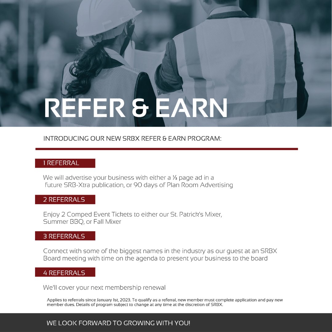 Unlock Success: Harness the Power-Packed SRBX Refer &amp; Earn Program!

Elevate Your Business, Enjoy Exclusive Events, Network with Industry Leaders, and Earn back Your Membership Renewal – Your Referrals, Your Rewards! 🚀🌐 #SRBX #ReferAndEarn #BusinessSuccess.