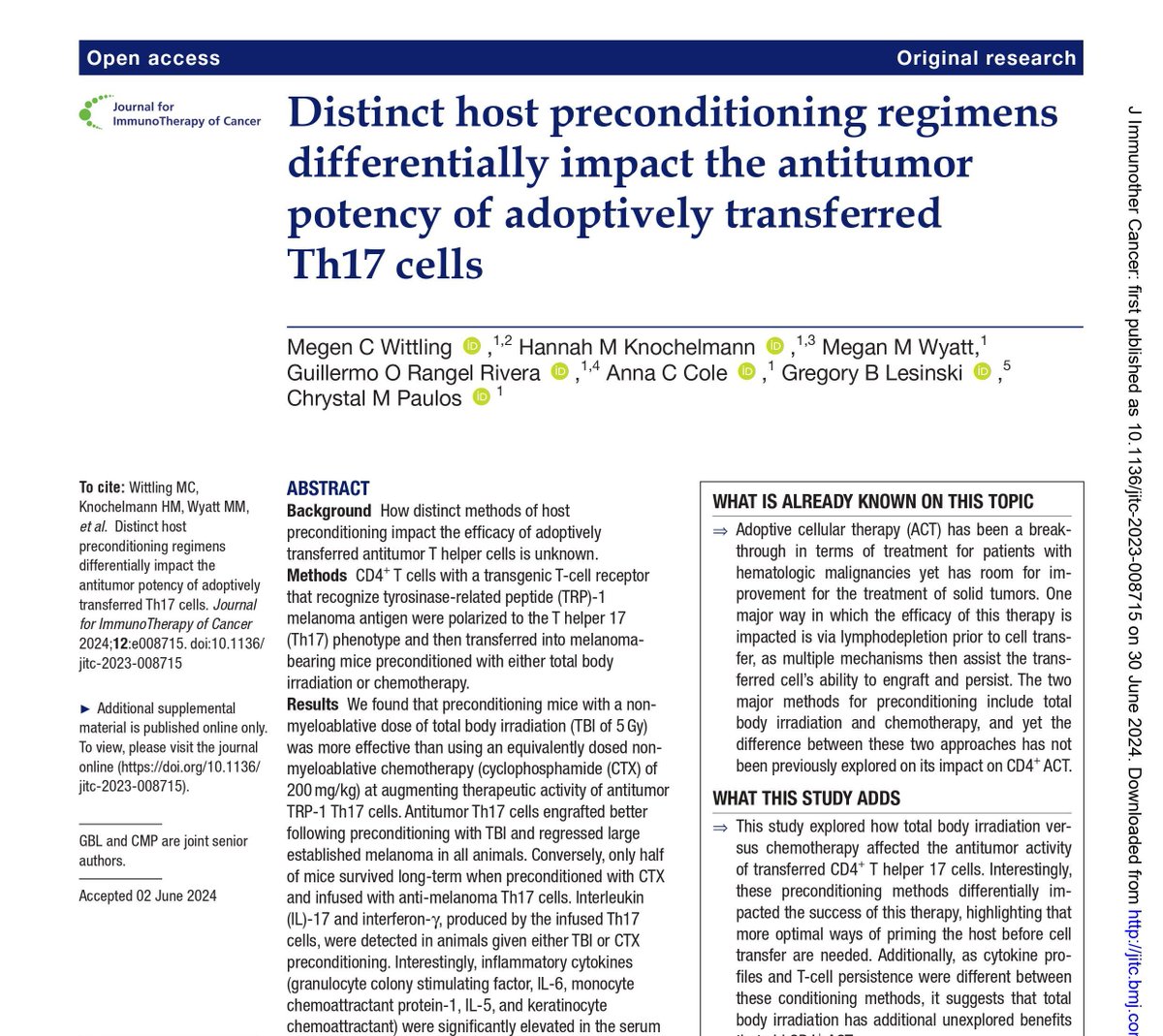 Let’s dive deeper into #JITC article “Distinct host preconditioning regimens differentially impact antitumor potency of adoptively transferred Th17 cells” by <a href="/megen_wittling/">Megen Wittling</a> <a href="/PaulosLab/">Paulos Lab</a> <a href="/hknochelmann/">Hannah Knochelmann, MD PhD</a> <a href="/AnnaCamille98/">Anna Cole</a> <a href="/GuillermoORang1/">Guillermo O. Rangel Rivera</a> @MeganMWyatt from <a href="/WinshipAtEmory/">Winship Cancer Institute of Emory University</a> <a href="/EmoryMSTP/">Emory MSTP</a> 1/11
