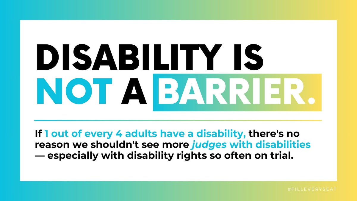 Our judiciary must reflect the diversity of the population of citizens that it serves. 26% of Americans have disabilities. It is crucial to nominate and confirm more judges with disability rights law experience #FillEverySeat #CourtsMatter #DisabilityPrideMonth