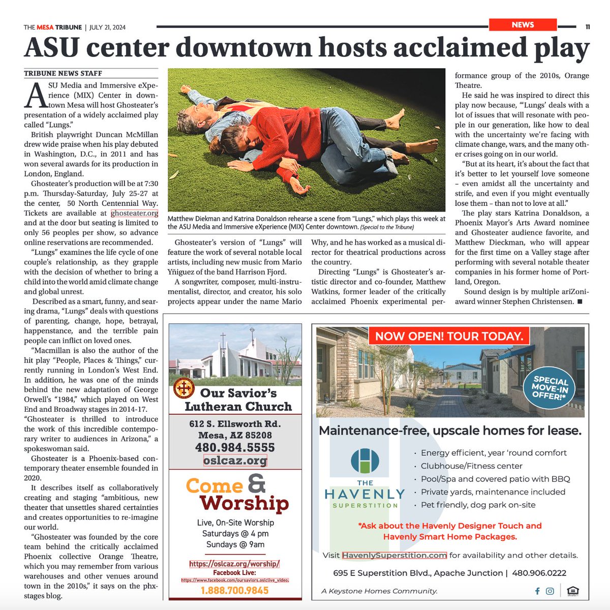 👀 Hey, check it out: "Lungs" is featured in this week's edition of The Mesa Tribune! 
You've three more chances to see what all the buzz is about – this Thur/Fri/Sat. Tickets are just $12.50-25 at ghosteater.org. 

#mesa #arizona #az #eastvalley #mesaaz #downtownmesa