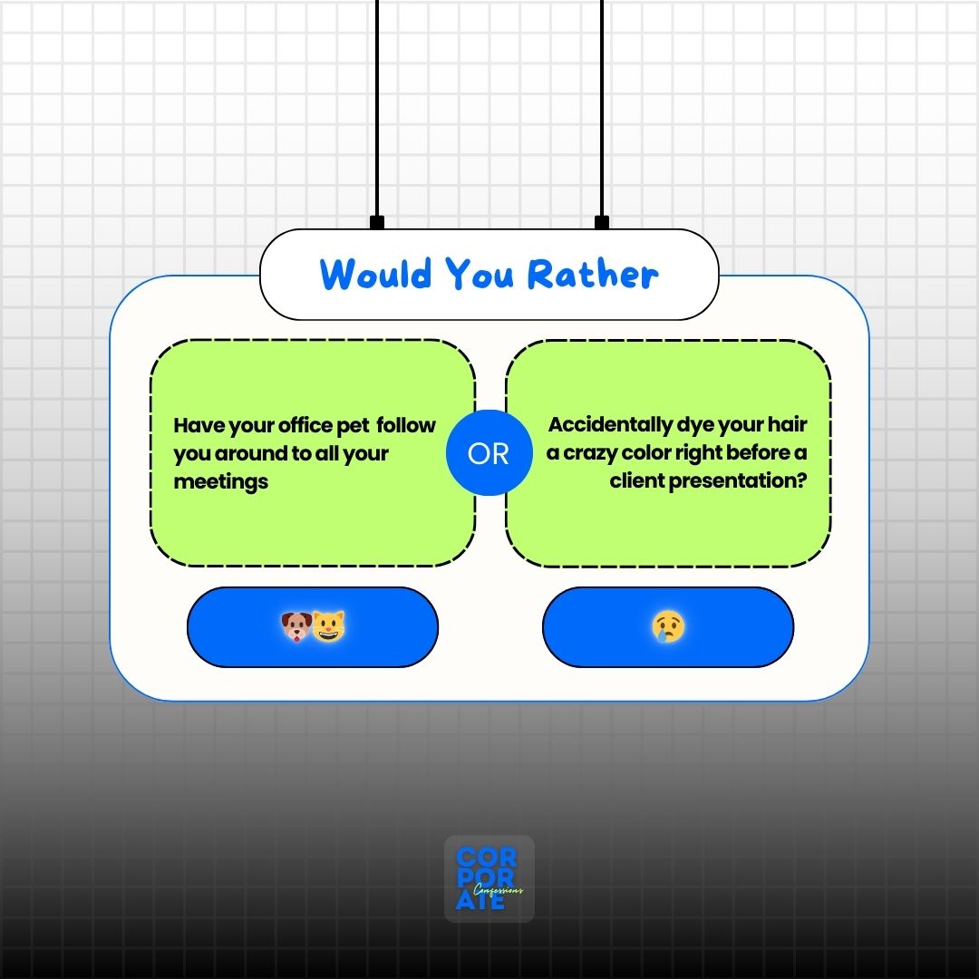 CC_unfilter's tweet image. Choose your emoji and comment on your ideal pick!

#CorporateConfessions #OfficePetMeetings #HairDyeFail