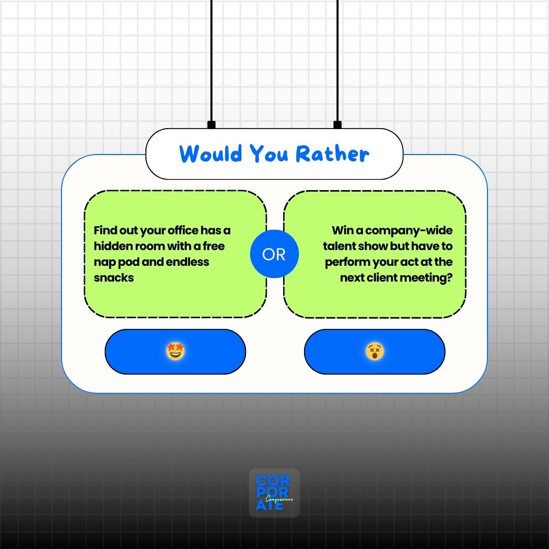 CC_unfilter's tweet image. Choose your emoji and comment on your dream (or nightmare) office perk!

#CorporateConfessions #OfficeSecretRoom #WorkTalentShow