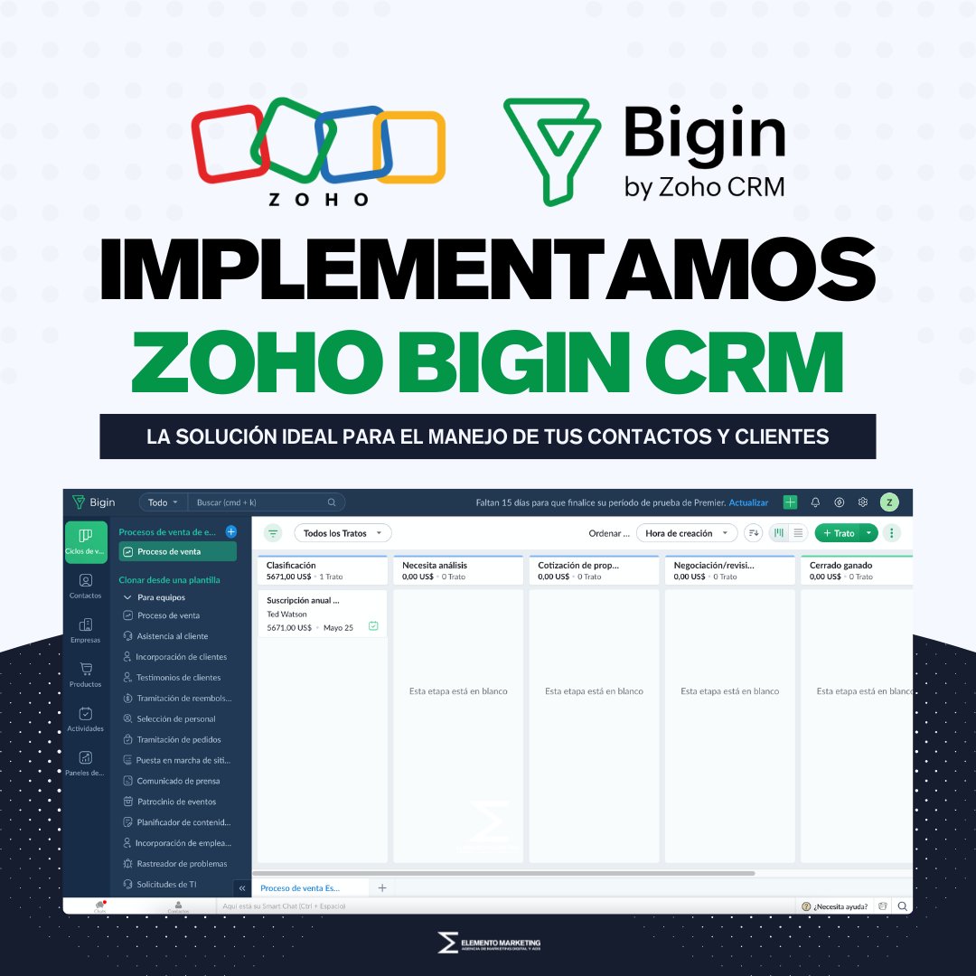 ElementoMktg's tweet photo. 🔍 Simplifica tu gestión de ventas con Zoho Bigin CRM 🔍
¿Eres una pequeña empresa que necesita una solución CRM sencilla y efectiva?

Zoho Bigin CRM es la herramienta perfecta para ti.
Con su interfaz intuitiva y funcionalidades clave, puedes gestionar tus ventas sin complicaciones.

En Elemento Marketing, nos encargamos de que Zoho Bigin CRM se adapte a tus necesidades, permitiéndote enfocarte en crecer.

#ZohoBigin #CRMParaPequeñasEmpresas #ElementoMarketing #Zoho
