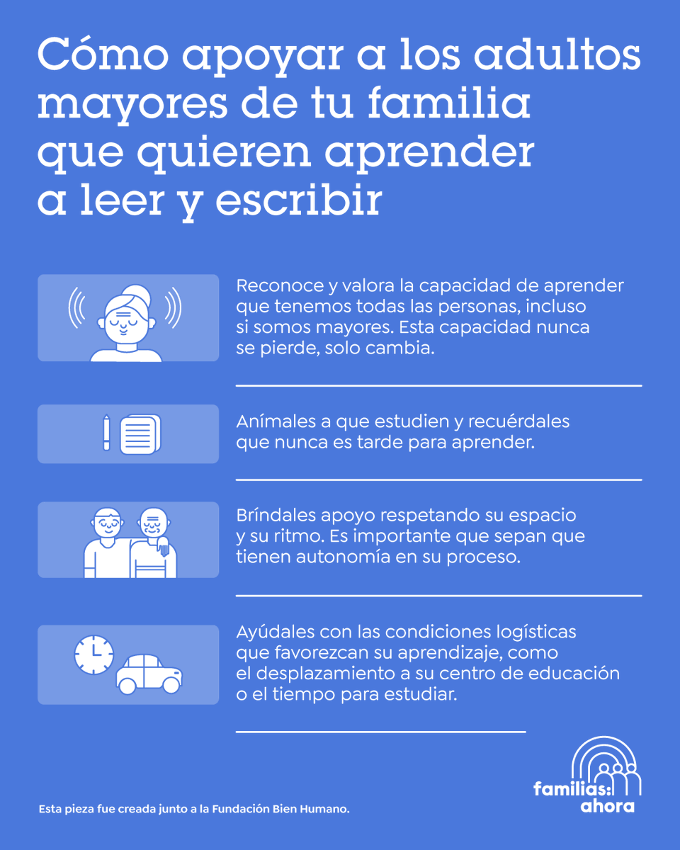 Te recomendamos brindar un acompañamiento amoroso y respetuoso a los adultos mayores que quieren empezar a leer y escribir 👵🏽👴🏼. Conoce el programa de alfabetización de adultos de la Fundación <a href="/BienHumano/">Fundación Bien Humano</a>: bienhumano.org/que.../familia…