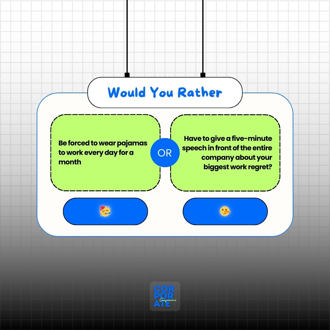 CC_unfilter's tweet image. Choose your emoji and comment on your preferred work outfit (or speech)!

#CorporateConfessions #PajamaWorkDay #WorkRegretSpeech