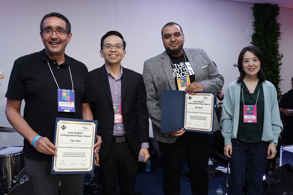 Houari Sahraoui (@sahraouh) on Twitter photo Deeply honored to receive the ACM SIGSOFT Distinguished Paper Award for “Improving the Learning of Code Review Successive Tasks with Cross-Task Knowledge Distillation” <a href="/FSEconf/">FSE 2025</a> (preprint: arxiv.org/abs/2402.02063). A heartfelt congrats to my co-author and PhD student <a href="/OBSghaier/">Oussama Ben Sghaier</a>. Deeply honored to receive the ACM SIGSOFT Distinguished Paper Award for “Improving the Learning of Code Review Successive Tasks with Cross-Task Knowledge Distillation” <a href="/FSEconf/">FSE 2025</a> (preprint: arxiv.org/abs/2402.02063). A heartfelt congrats to my co-author and PhD student <a href="/OBSghaier/">Oussama Ben Sghaier</a>.