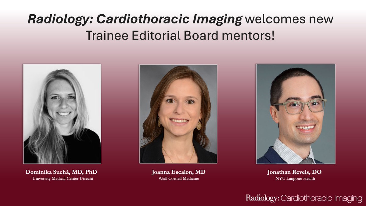 Kate Hanneman (@katehanneman) on Twitter photo The <a href="/RadiologyCTI/">Radiology: Cardiothoracic Imaging</a> trainee editorial board mentor team is also expanding! Thrilled to welcome 3 new outstanding mentors <a href="/dominikasucha/">Dominika Suchá</a> <a href="/JoannaEscalonMD/">Joanna Escalon, MD</a> <a href="/JRevRad1/">Jonathan Revels DO, FSAR</a> 🥳☺️ #InTrainingRCTI
<a href="/DanielVargasMD/">Daniel Vargas, MD</a> <a href="/RituGill2014/">Ritu R Gill MD, MPH FACR</a> @bdallen6 <a href="/DiannaBardo/">Dianna Bardo</a> <a href="/SuhnyAbbara/">Suhny Abbara MD</a> <a href="/PraveenRangana9/">Praveen Ranganath, MD</a> The <a href="/RadiologyCTI/">Radiology: Cardiothoracic Imaging</a> trainee editorial board mentor team is also expanding! Thrilled to welcome 3 new outstanding mentors <a href="/dominikasucha/">Dominika Suchá</a> <a href="/JoannaEscalonMD/">Joanna Escalon, MD</a> <a href="/JRevRad1/">Jonathan Revels DO, FSAR</a> 🥳☺️ #InTrainingRCTI
<a href="/DanielVargasMD/">Daniel Vargas, MD</a> <a href="/RituGill2014/">Ritu R Gill MD, MPH FACR</a> @bdallen6 <a href="/DiannaBardo/">Dianna Bardo</a> <a href="/SuhnyAbbara/">Suhny Abbara MD</a> <a href="/PraveenRangana9/">Praveen Ranganath, MD</a>