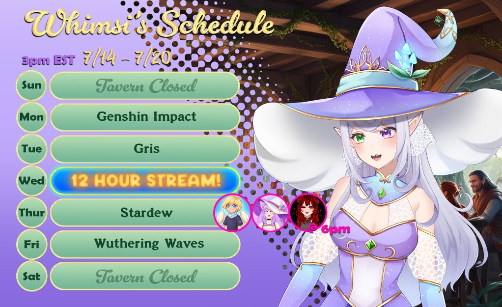 WhimsicoolVT's tweet photo. Here's this week's schedule! 

12-HOUR WHIMSI STREAM on Wenesday! 

I'm also looking forward to cozy farming with @AceAngel730, @chaicatte, and @Lady_Raerdrim Thursday! https://t.co/qNcNLO5U8T