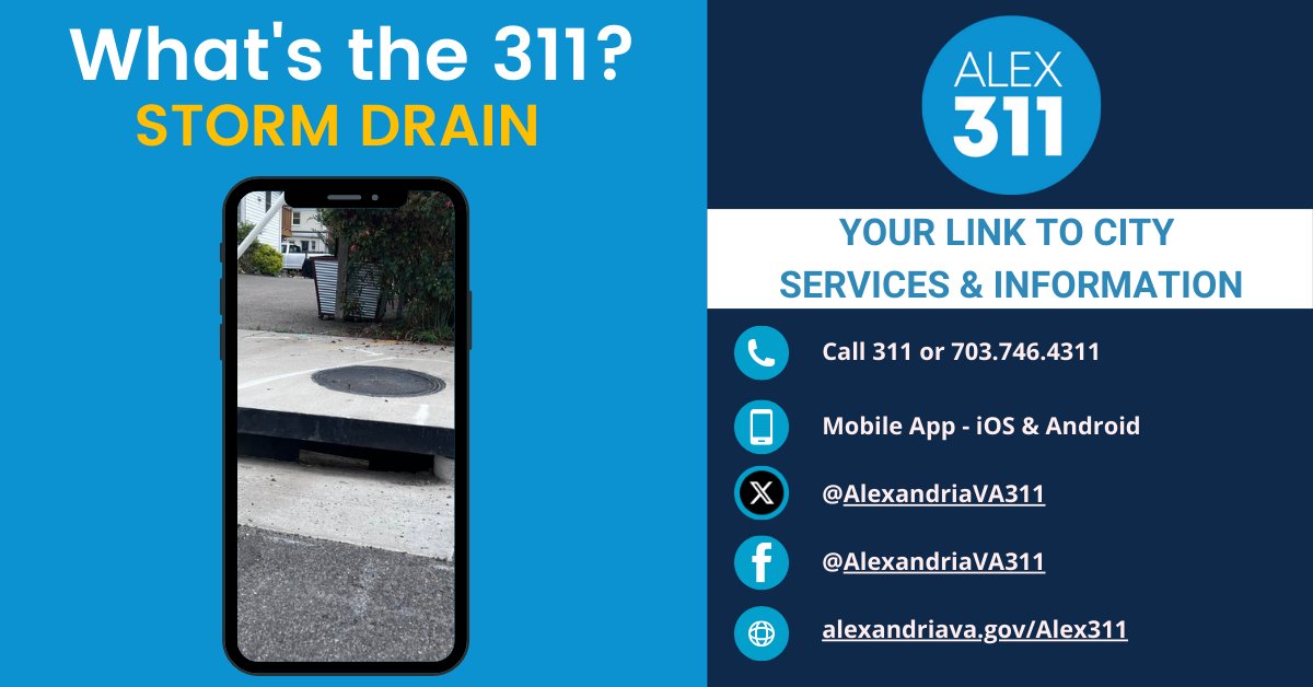 AlexandriaVA311's tweet photo. Hey Alexandria!
Don't forget that #Alex311 is your go-to for reporting any issues with storm drains! Keeping our City safe and ready to handle any weather is a team effort!
#AlexandriaVA #WhatsThe311 #StormDrain https://t.co/HUaCrbPZ8g