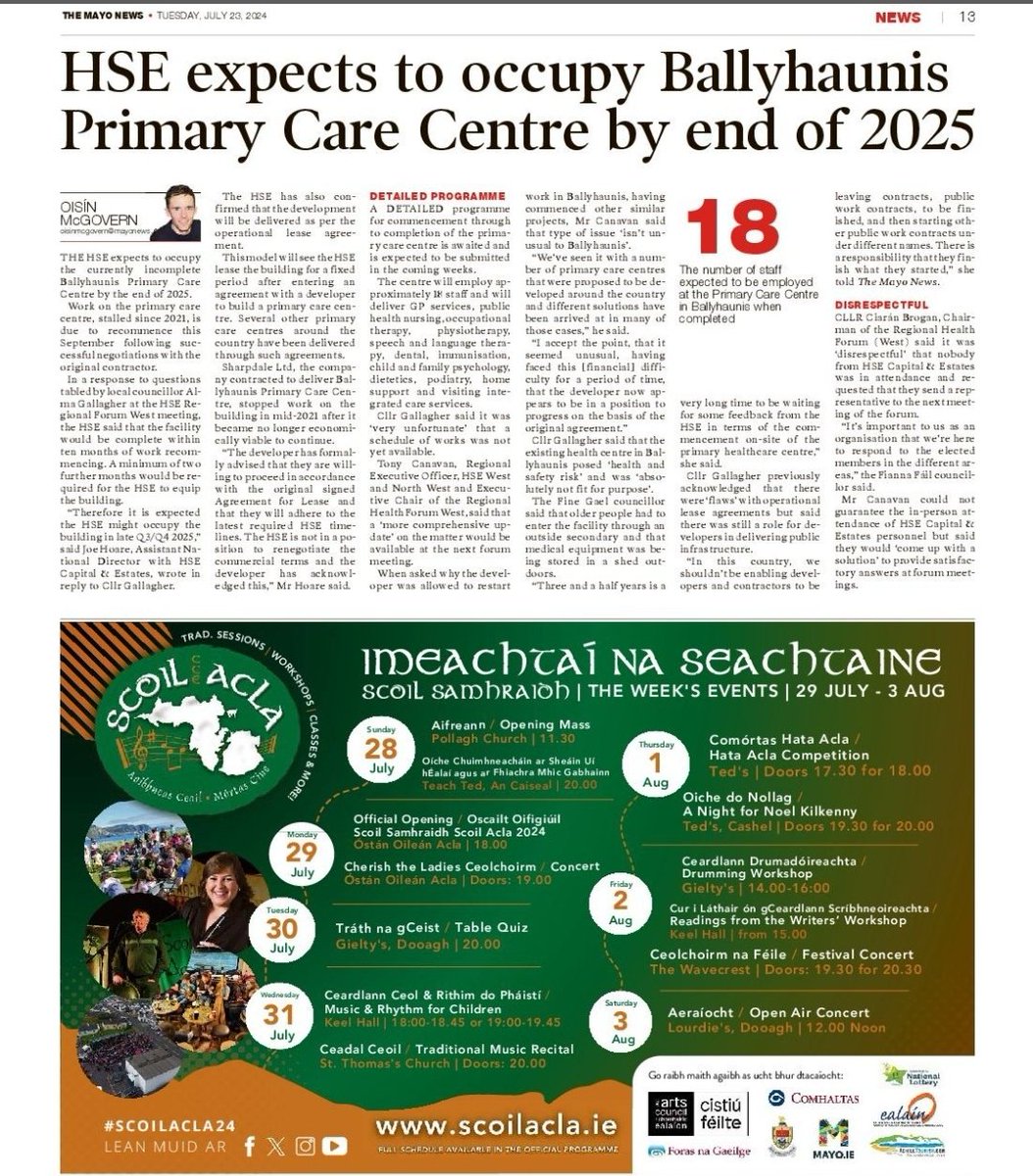 Check out our half-page advert in this week's edition of The Mayo News in advance of next week! Get your tickets for our various events online today at scoilacla.ie/booking

#ScoilAcla24