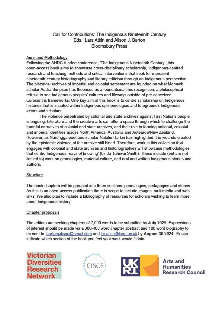 Centre for Indigenous and Settler Colonial Studies (@ciscstudies) on Twitter photo We are delighted to announnce the Call for Contributions for the Indigenous Nineteenth Century Book being put together with <a href="/VDR_Net/">Victorian Diversities</a>
Deadline on August 30th We are delighted to announnce the Call for Contributions for the Indigenous Nineteenth Century Book being put together with <a href="/VDR_Net/">Victorian Diversities</a>
Deadline on August 30th